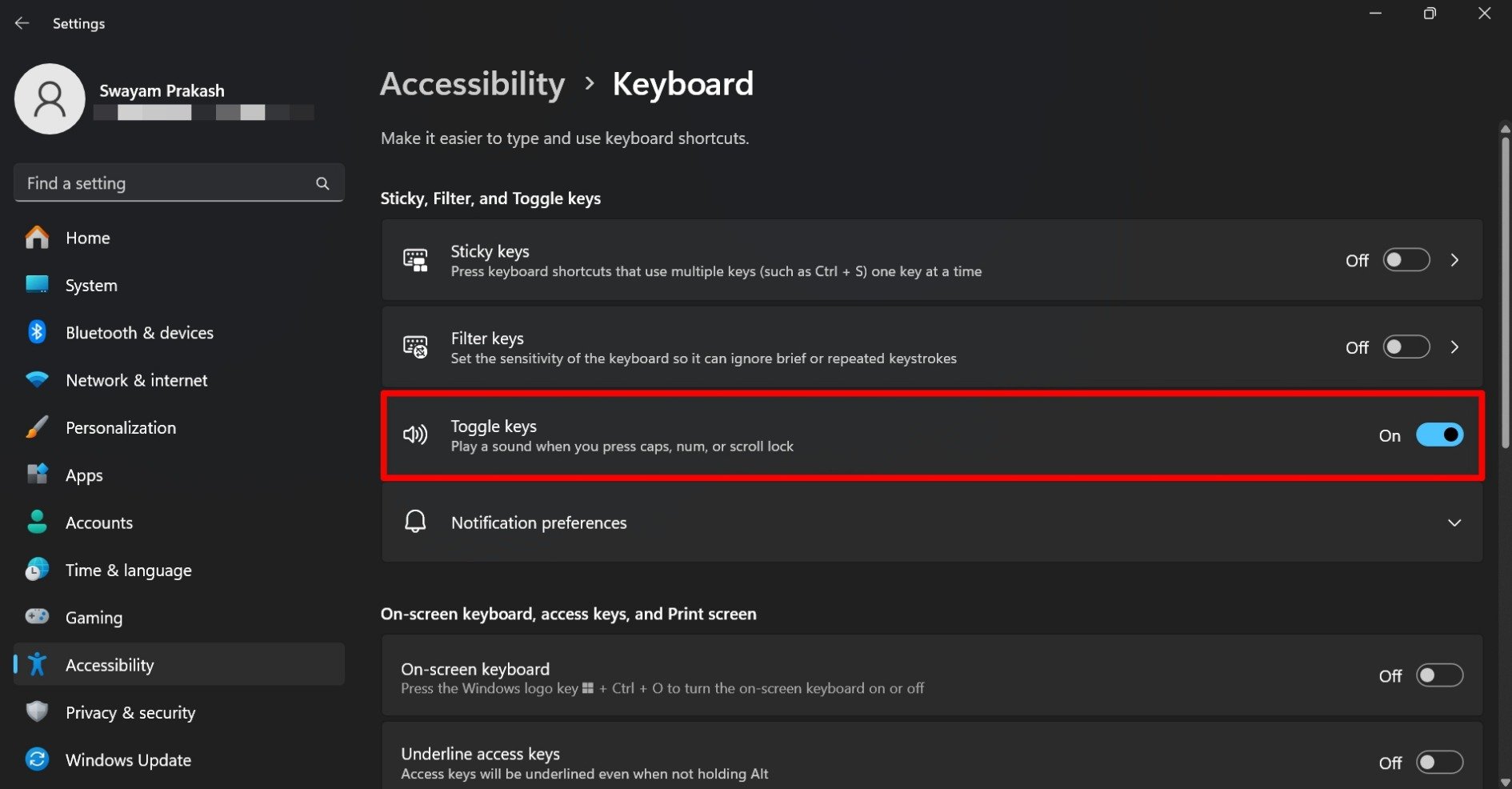 включить звуковое оповещение о клавише Caps Lock в Windows 11