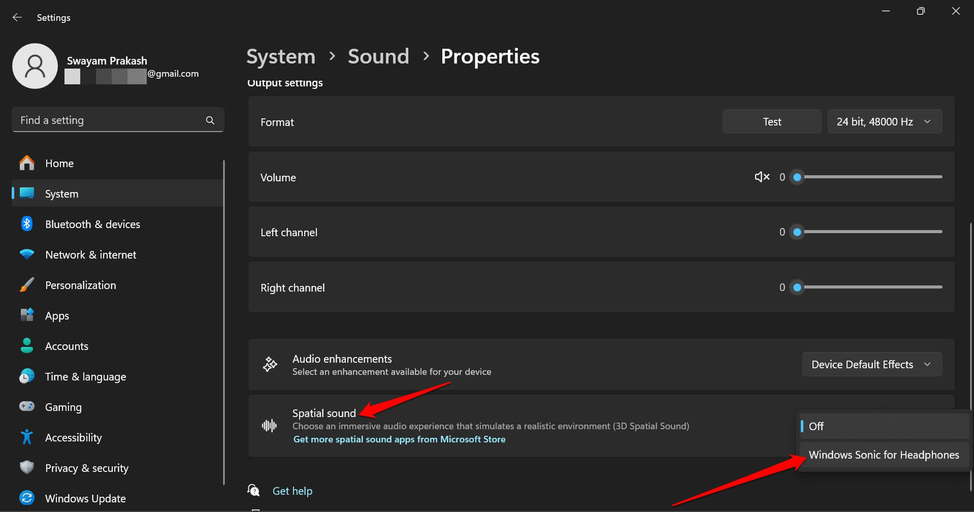 enable spatial audio from Windows settings