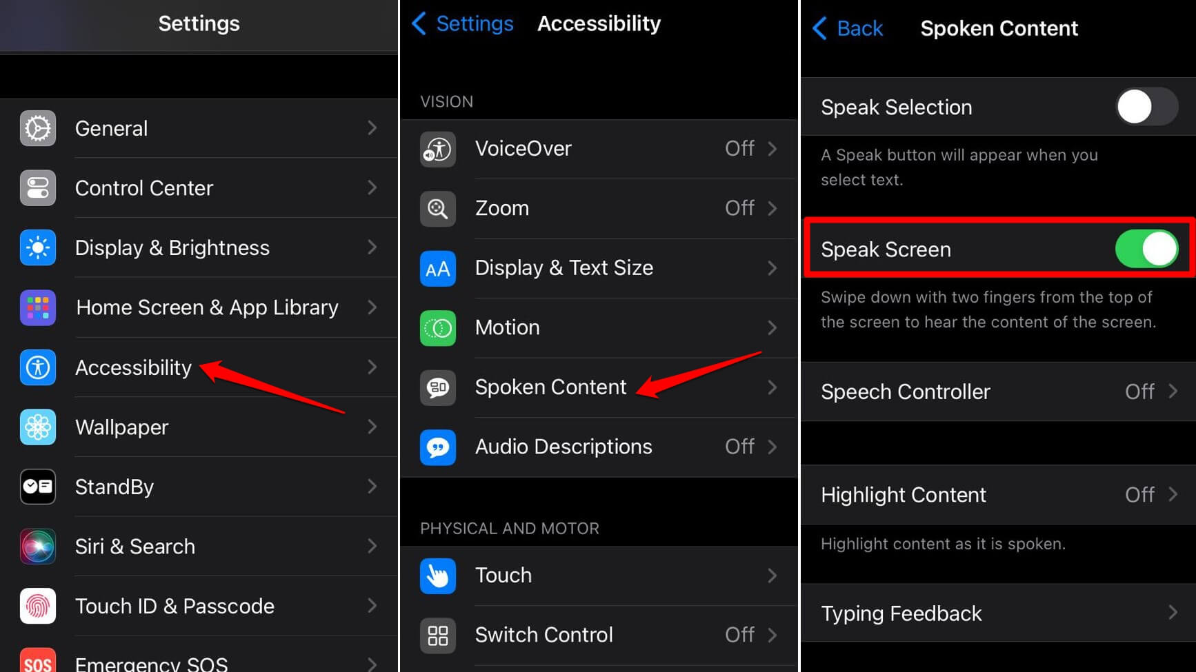 enable speak screen on iPhone
