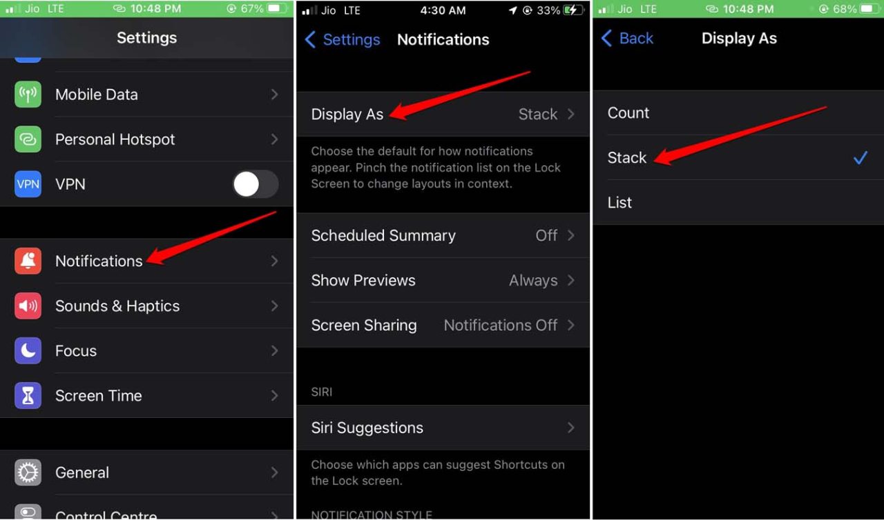 enable stack styled notification for iPhone lock screen