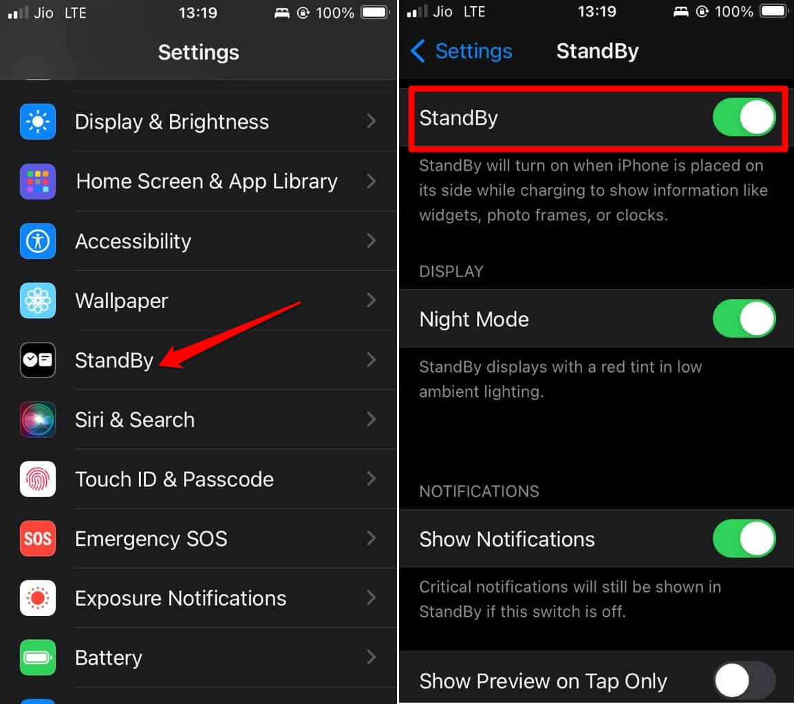 enable standby mode on iPhone