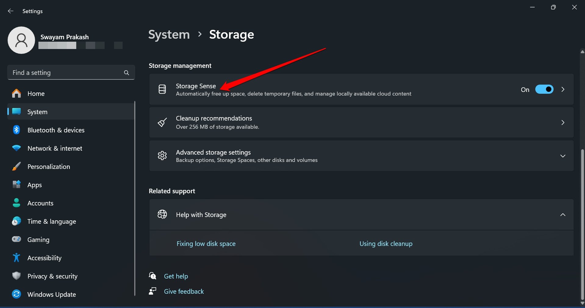 enable storage sense in Windows 11