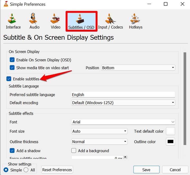 enable subtitles for VLC media player