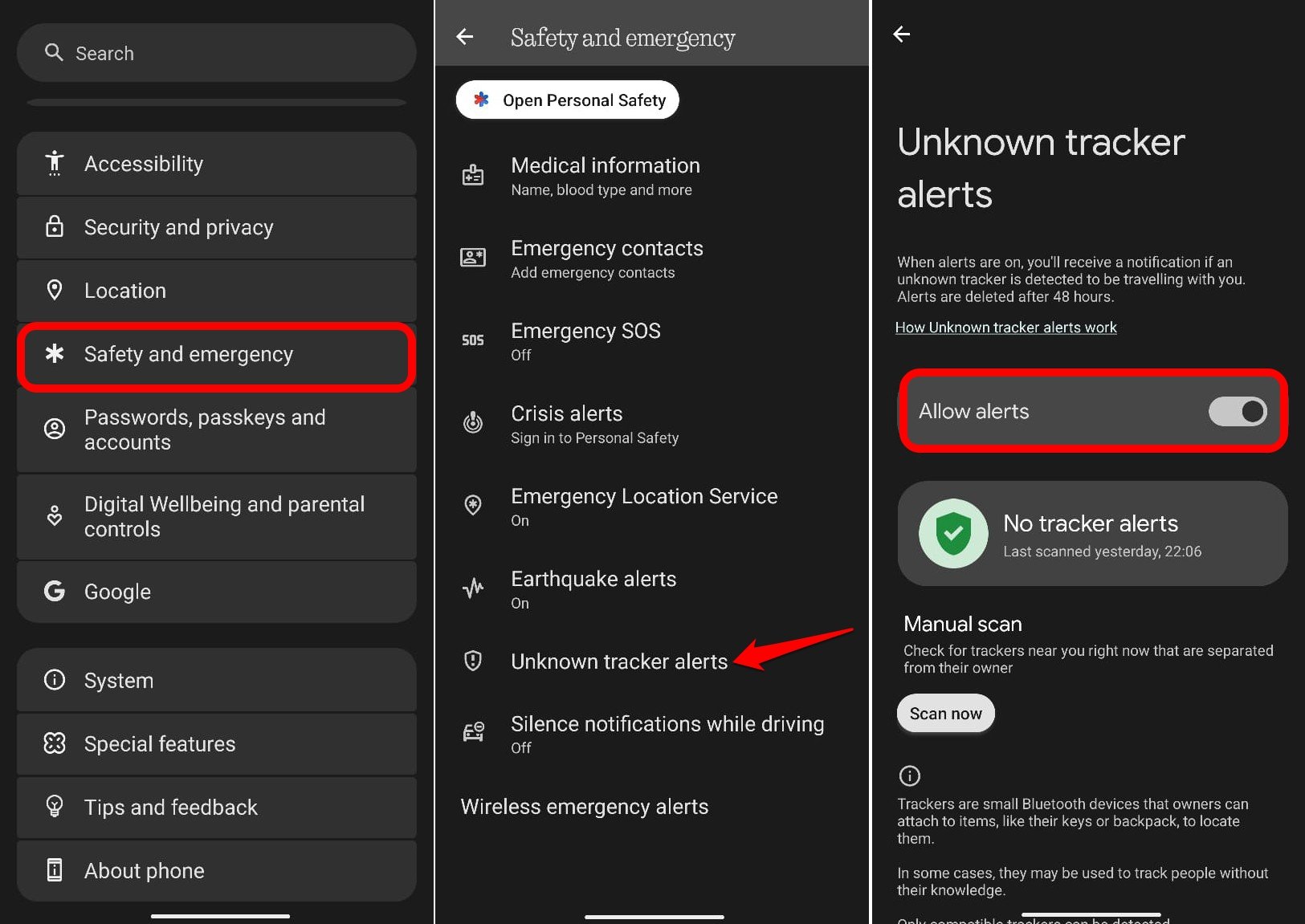 enable unknown tracker alert on Android device