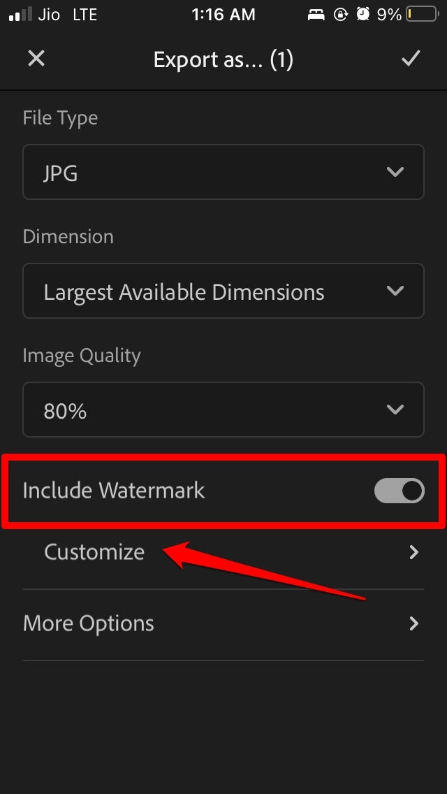 enable watermark on Adobe Lightroom