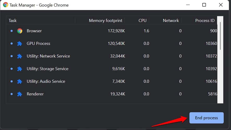 end Google Chrome process with high CPU load
