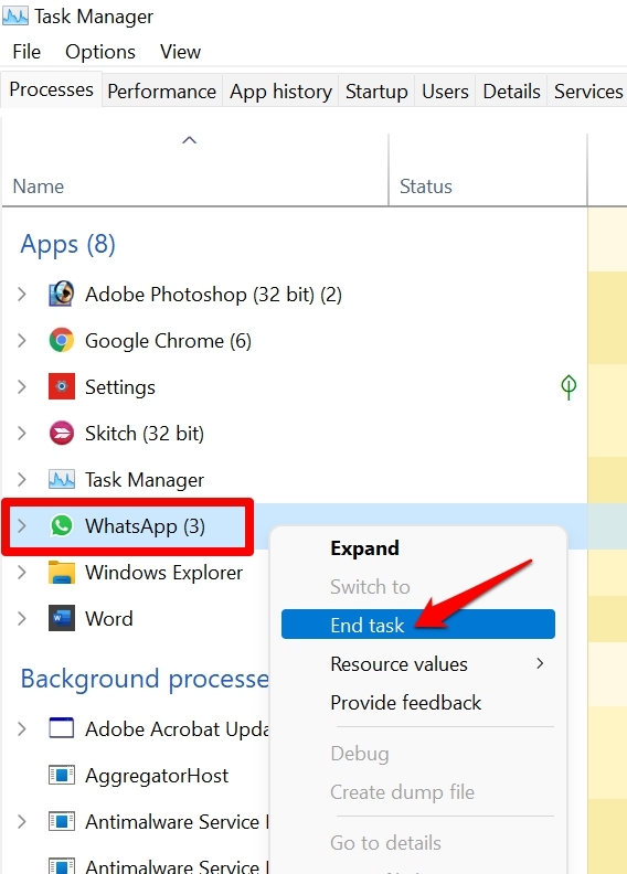end WhatsApp task from task manager