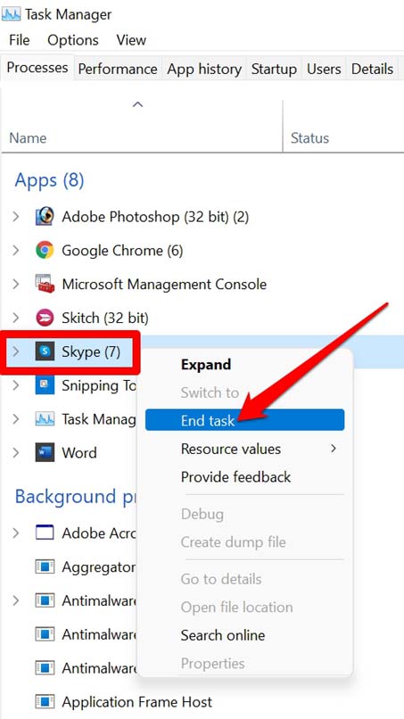 end task Skype