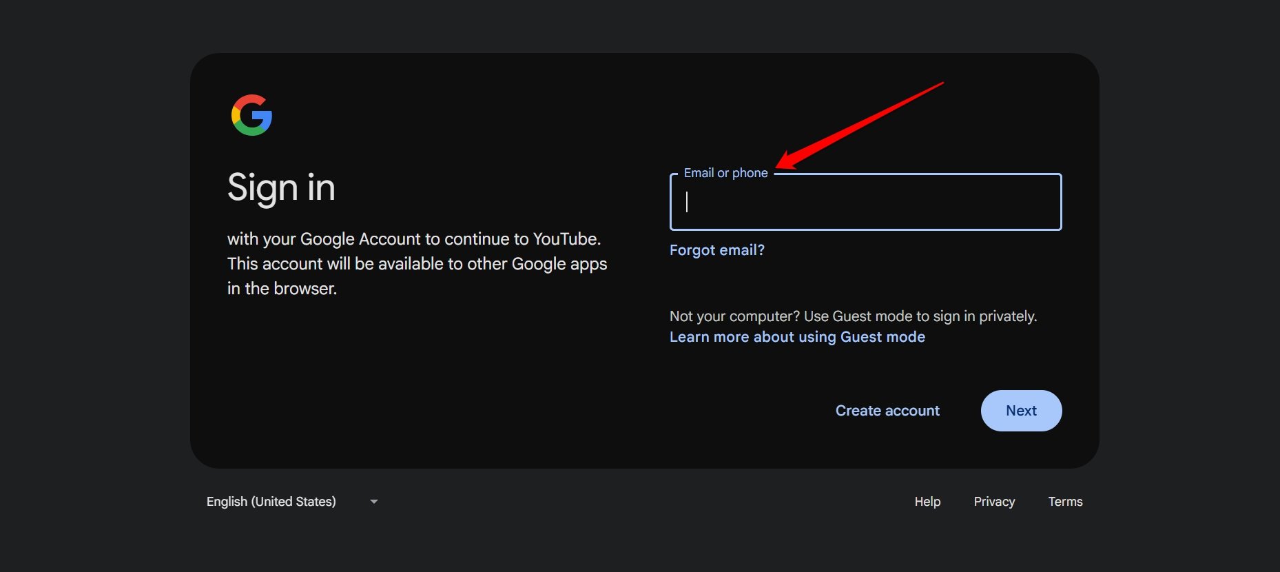 enter email ID to access YouTube