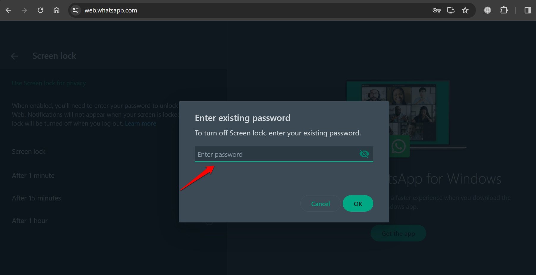 введите существующий пароль, чтобы снять блокировку веб-экрана WhatsApp