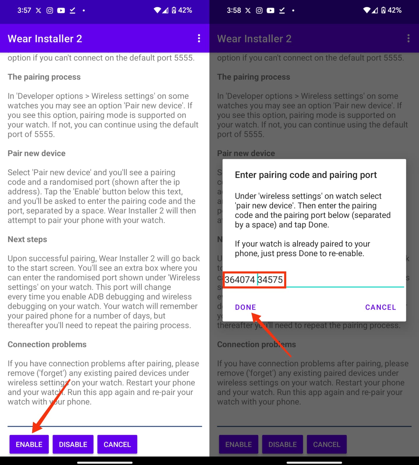 enter pairing code and port