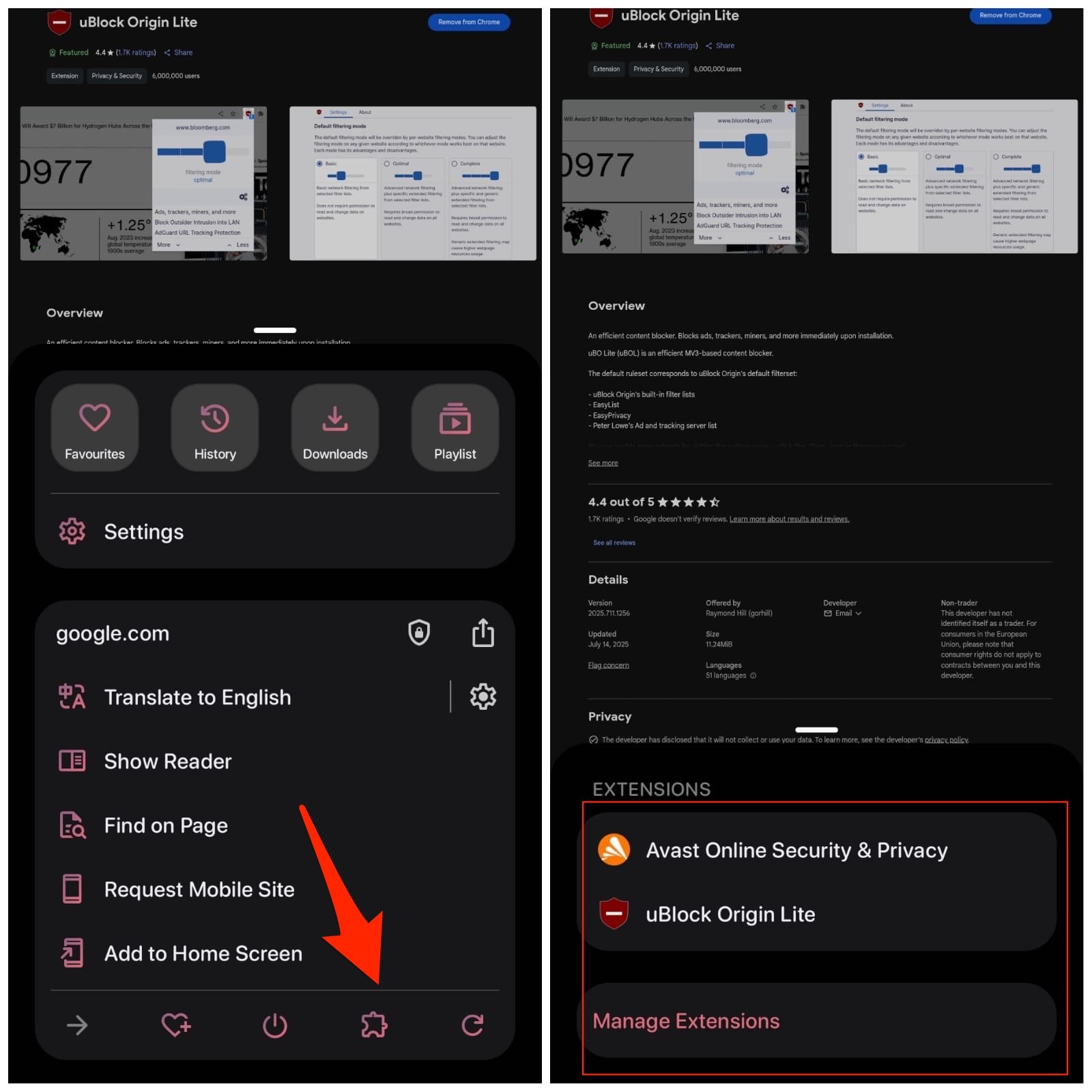 extension has been added to the Quetta browser menu option