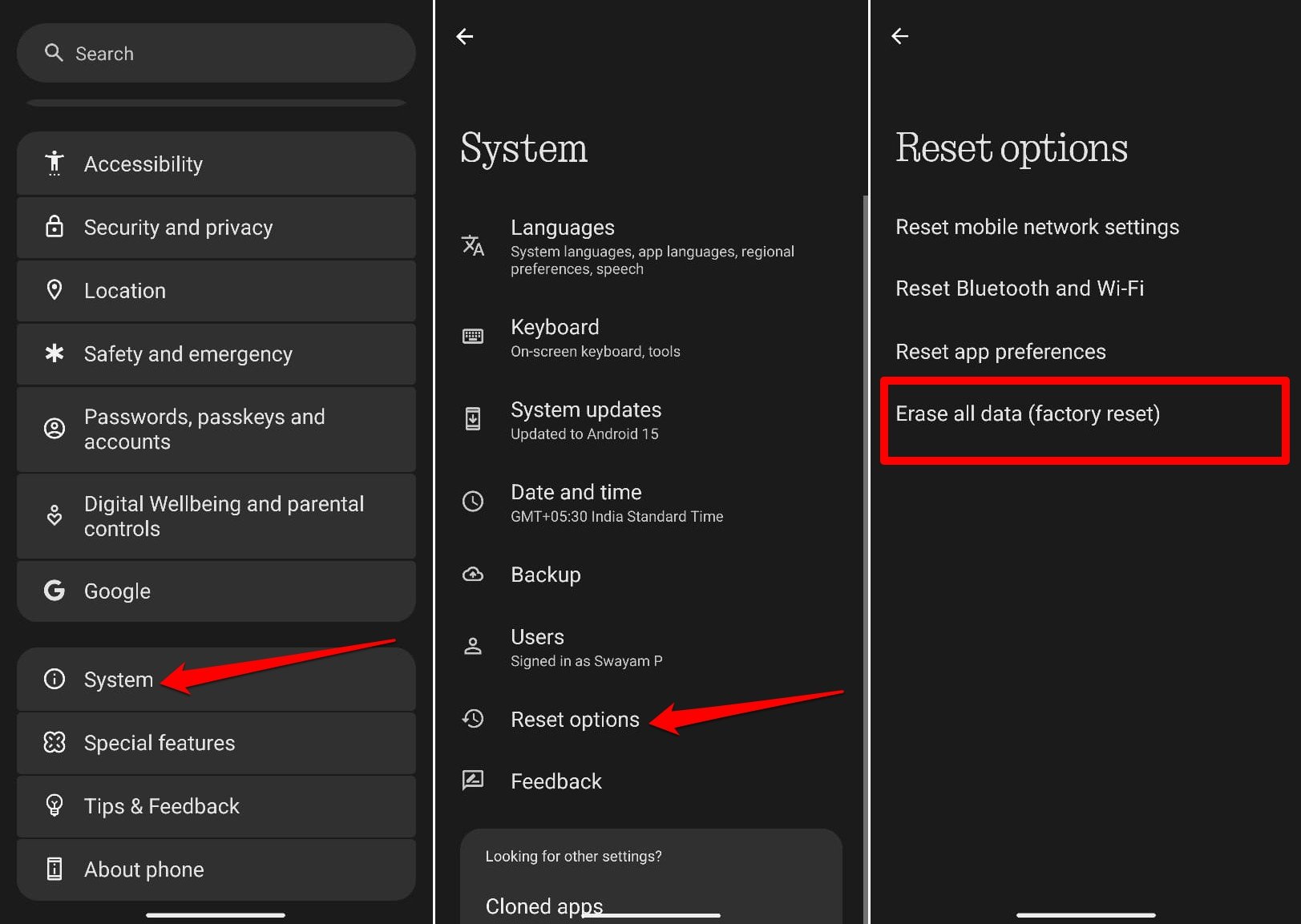 factory reset android 15 phone