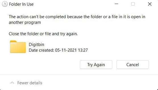 file or folder currently in use error