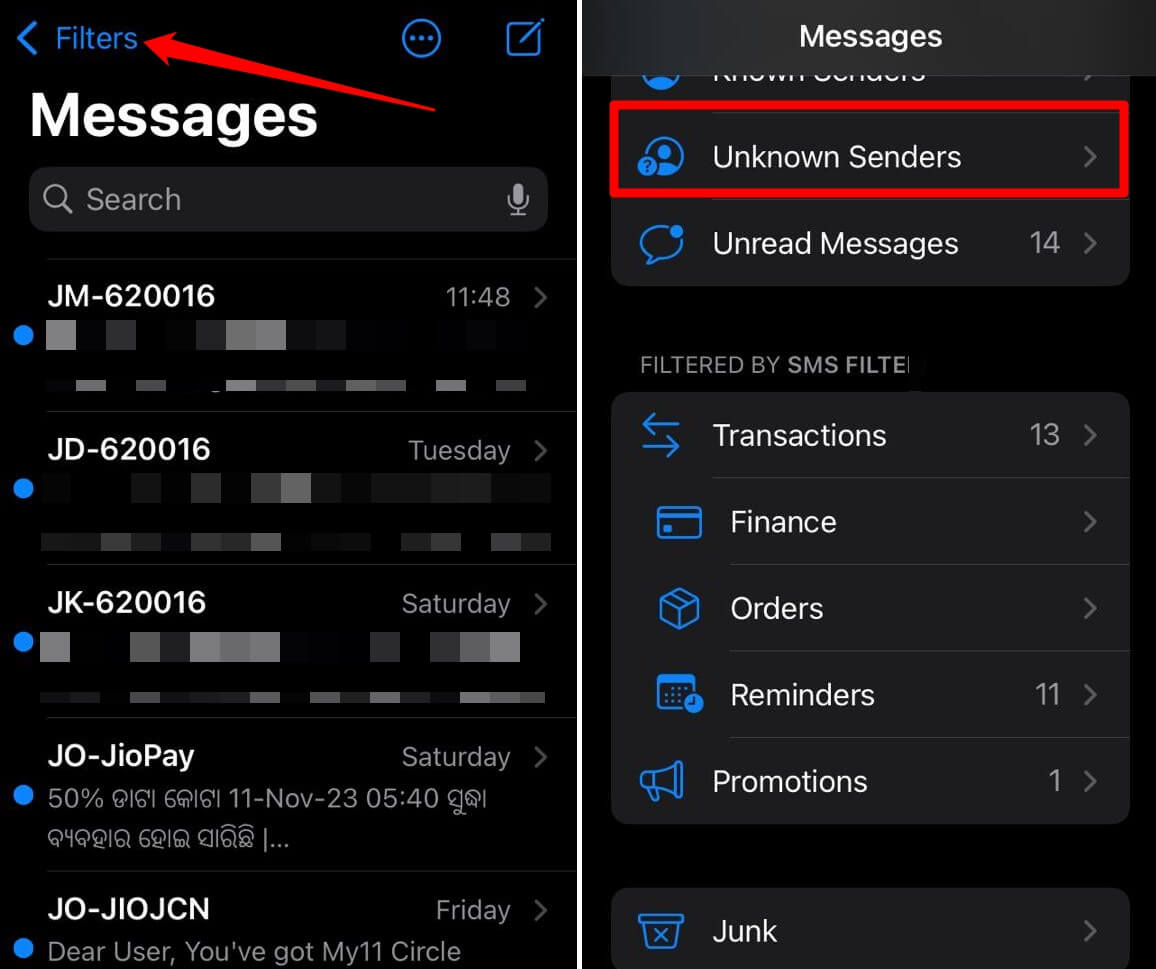 find messages on iPhone from unknown senders