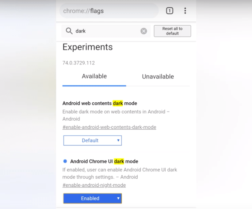 flag settings for Chrome Android