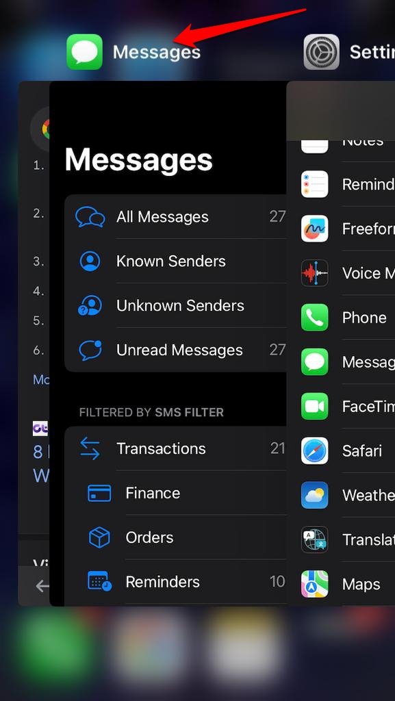 force close Messages app iPhone