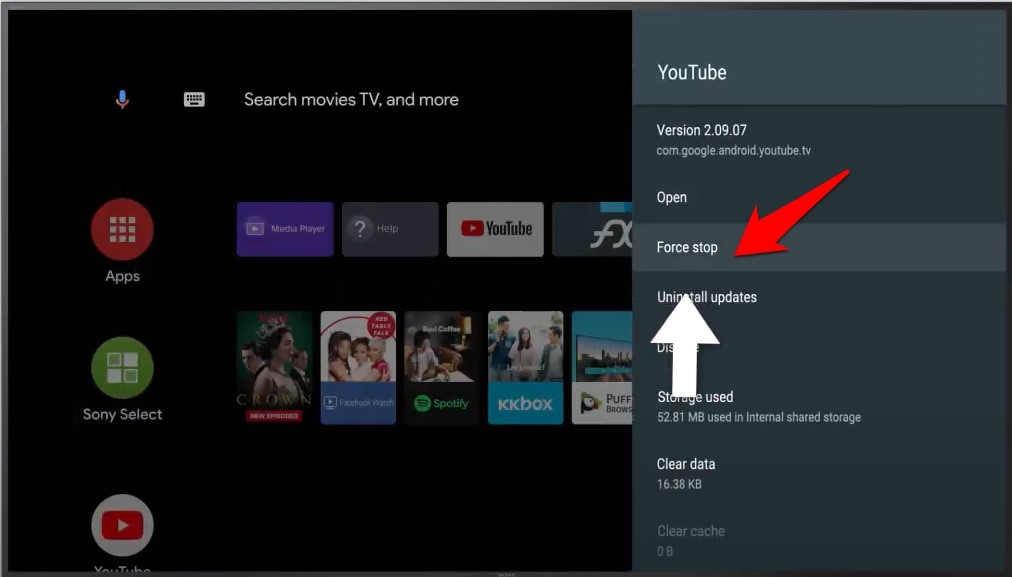 force stop youtube app on android tv