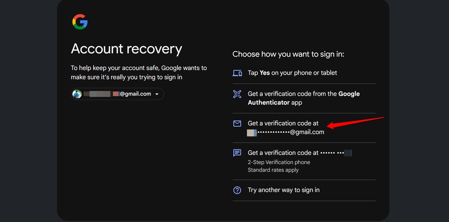 get verification code on the recovery Gmail address