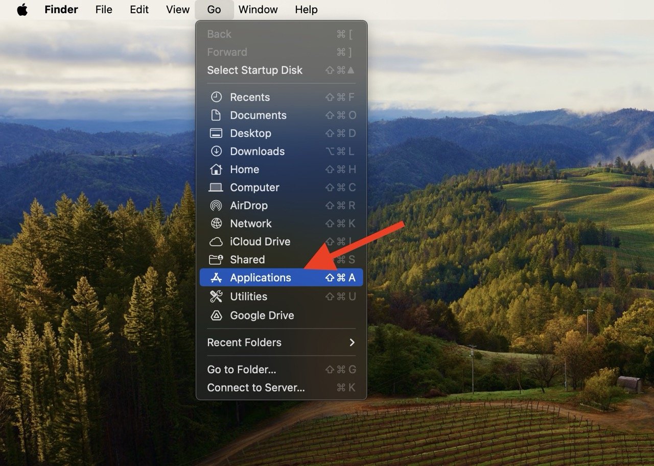 Откройте папку приложений на Mac с помощью меню Go