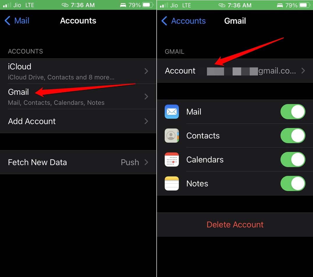 go to connected email account in Mail app