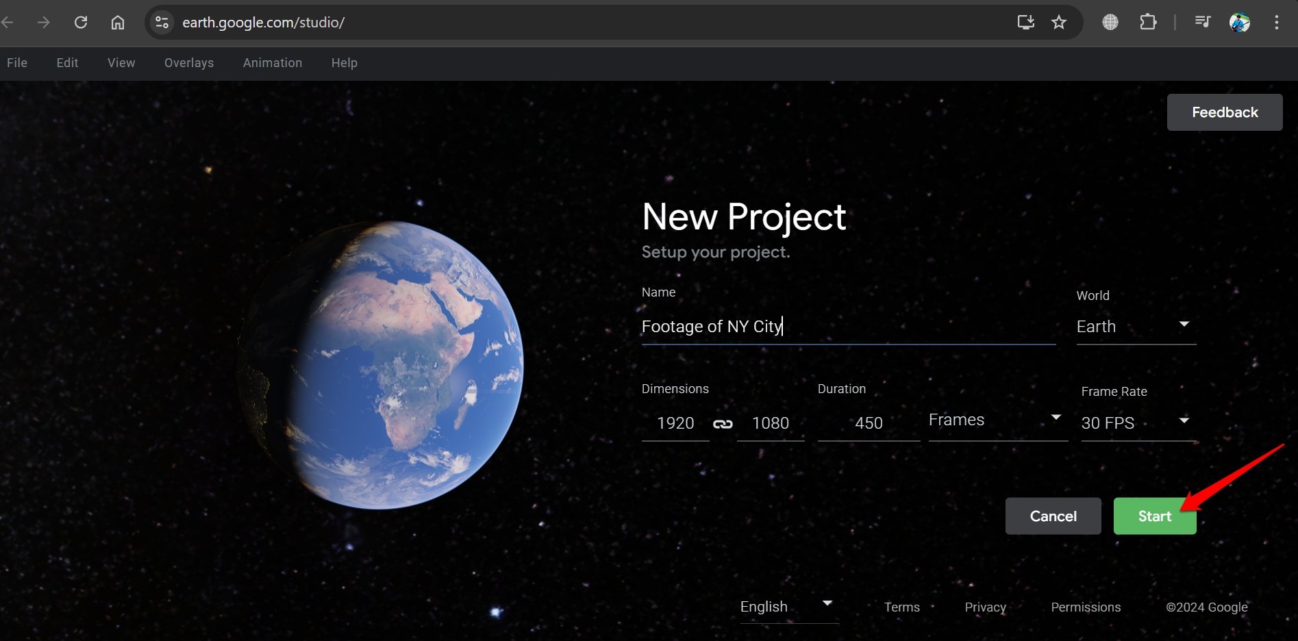 google earth studio project setup