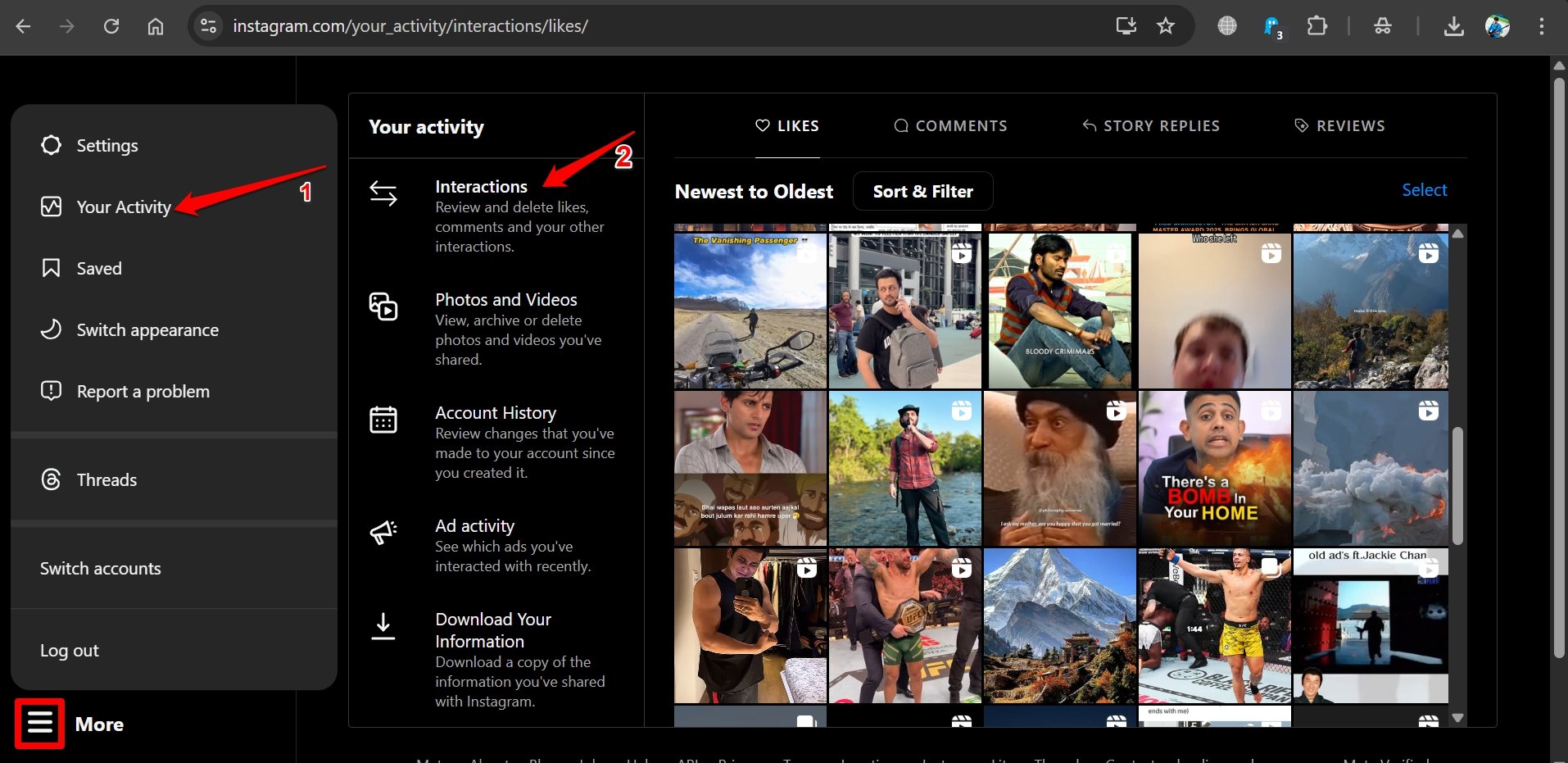 how to access activity and interaction on Instagram web