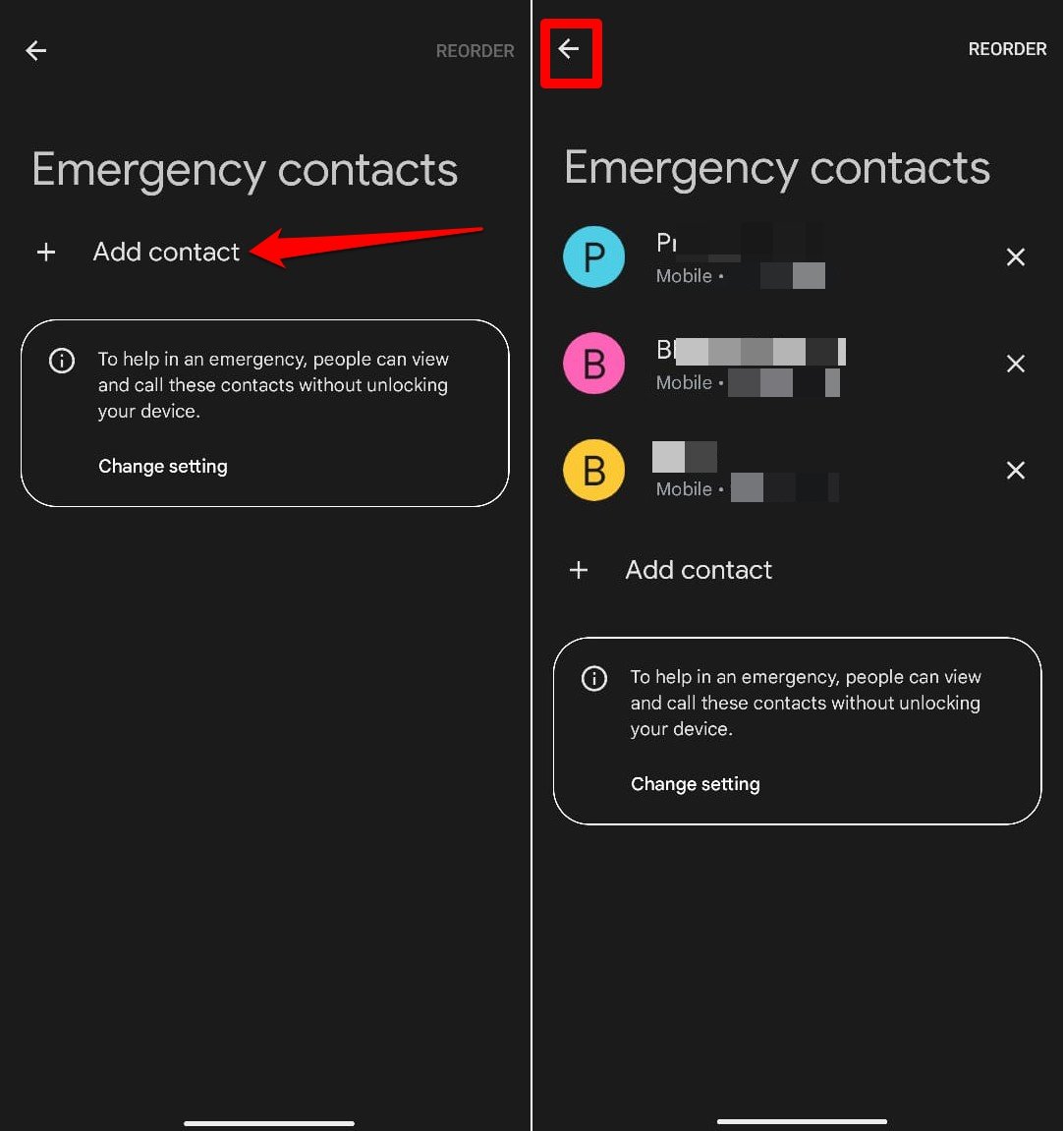 how to add emergency contacts in Android