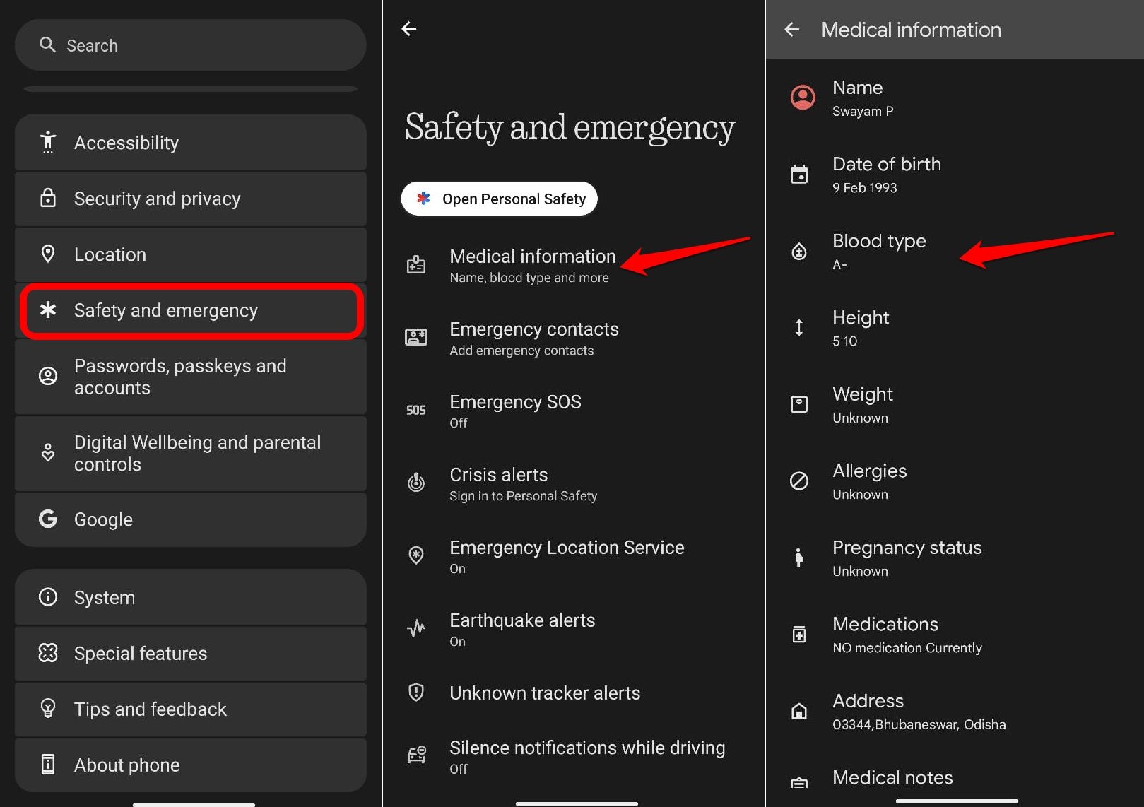 how to add user medical info on Android safety and emergency