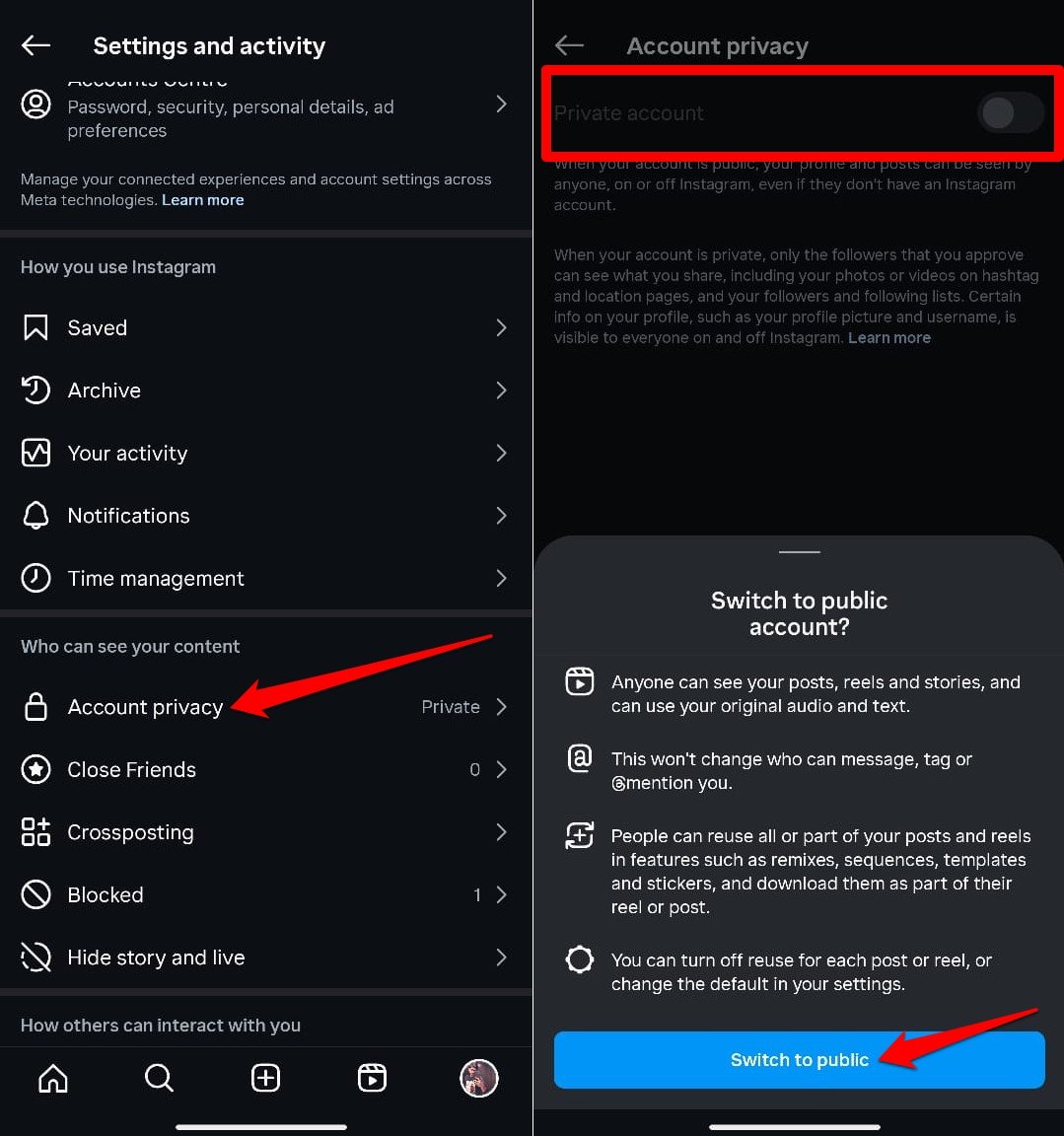 how to change private Instagram account to public