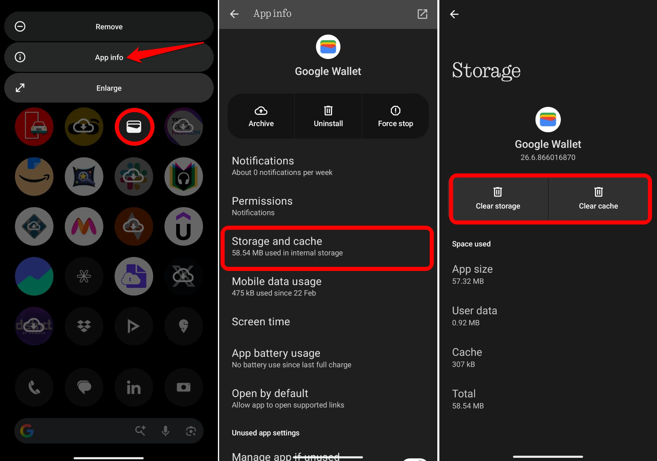 how to clear the cache of Google Wallet