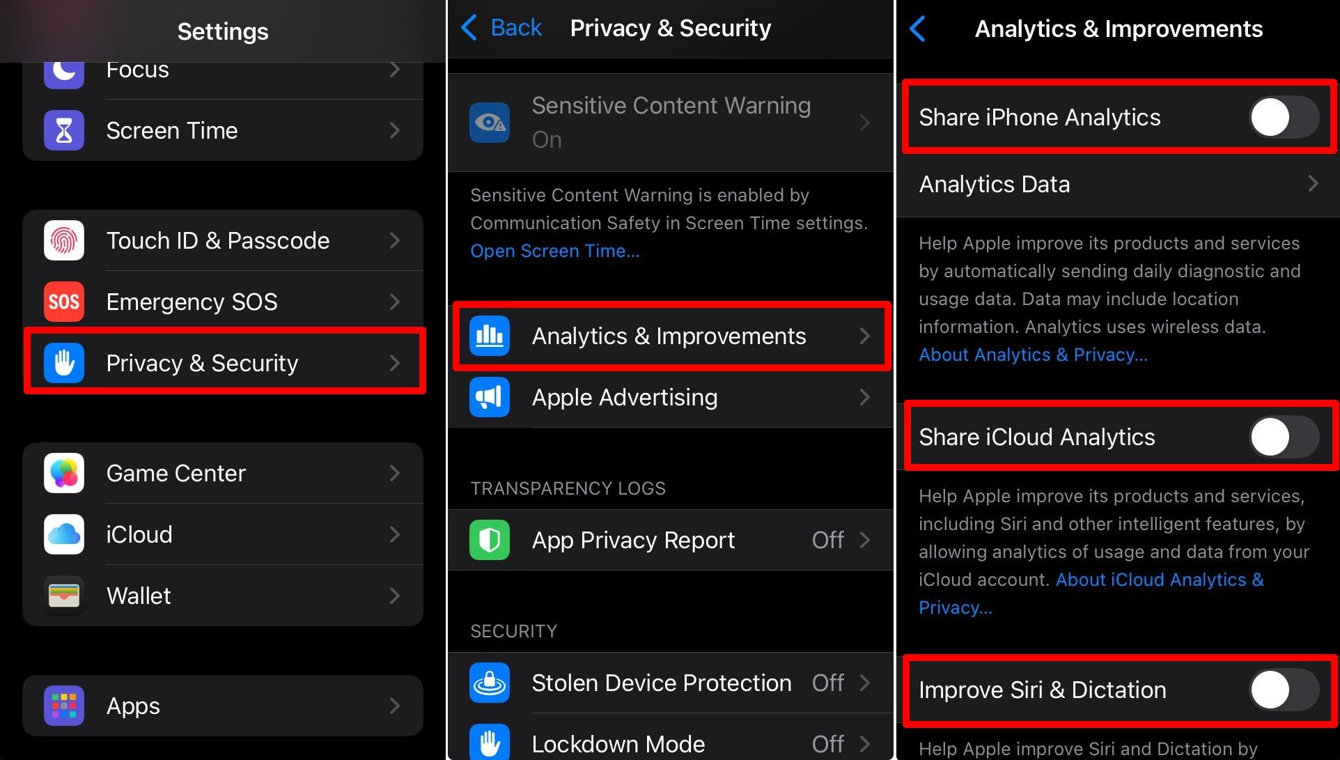 how to disable iPhone analytics on iOS