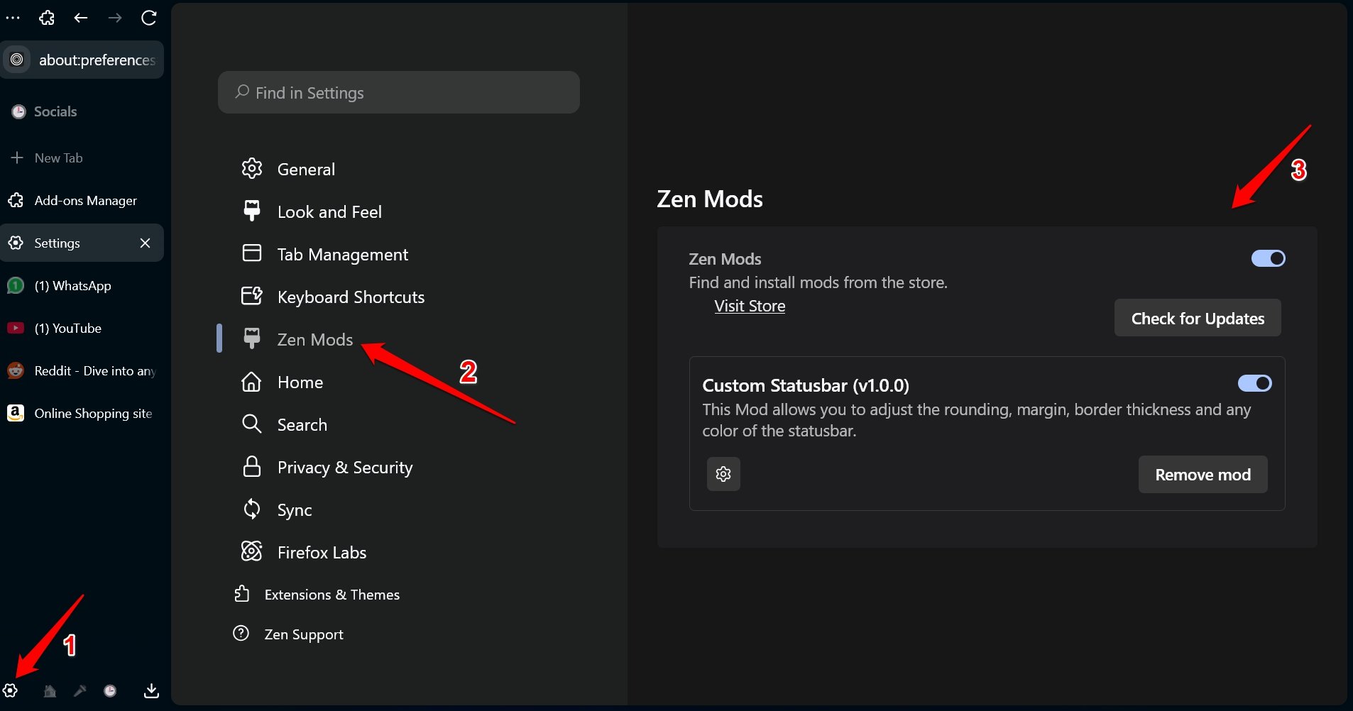 how to enable Zen browser mods