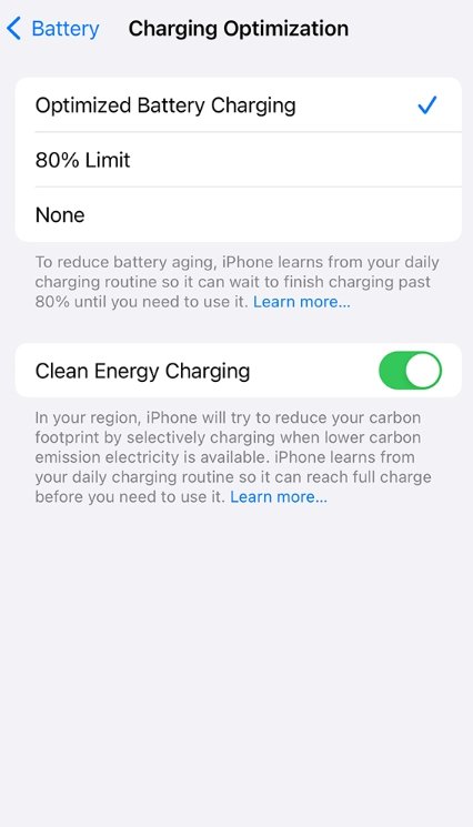 how to enable battery charging optimization on iPhone 15