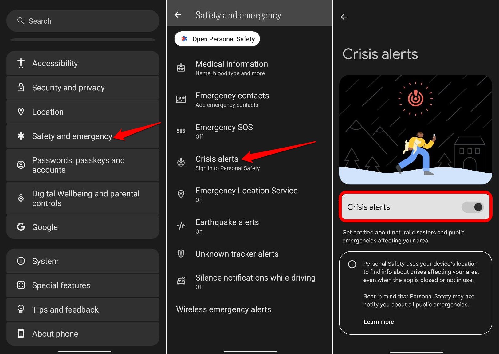 how to enable crisis alerts on Android phone
