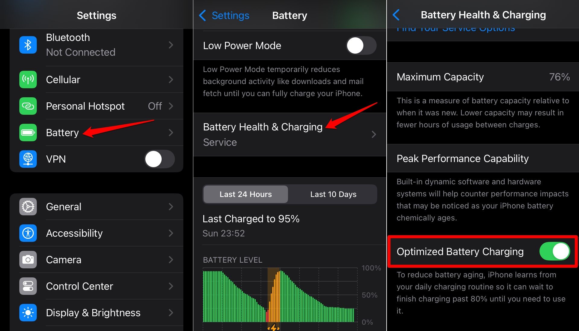 how to enable optimized battery charging in iOS 18 