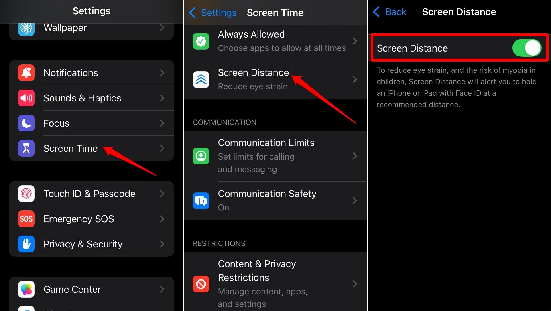 how to enable screen distance on iPhone