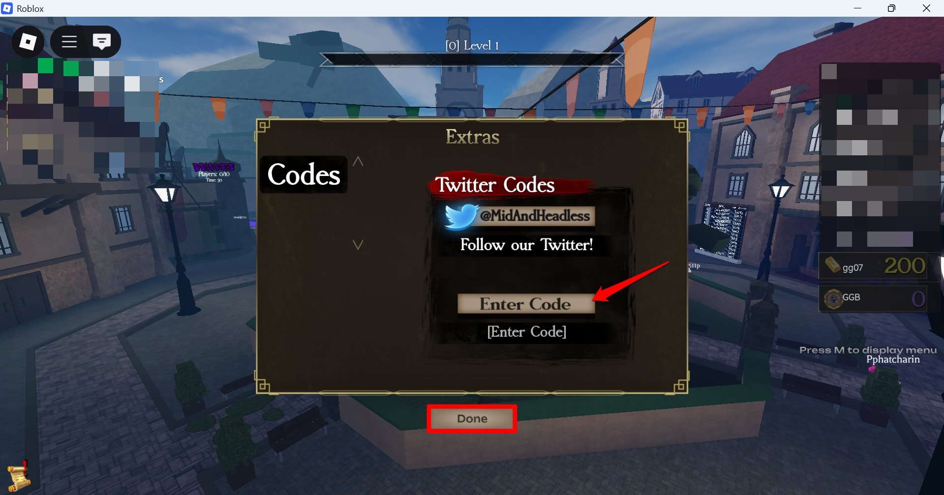 how to enter code in Untitled attack on Titan