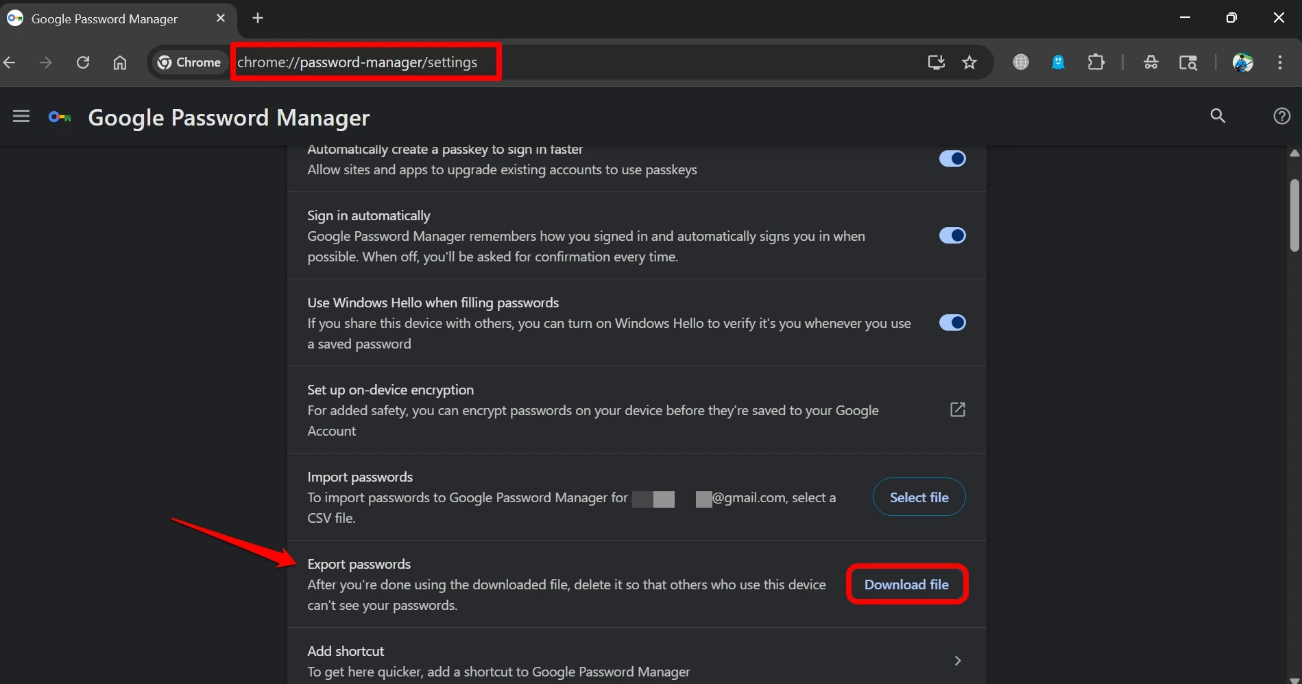 how to export password in Chrome password manager
