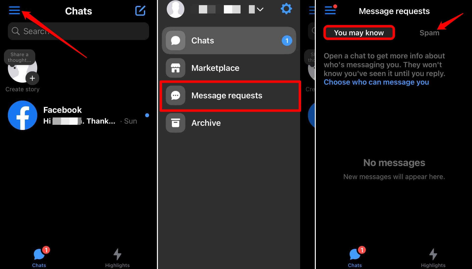 how to find spam messages on Messenger iOS