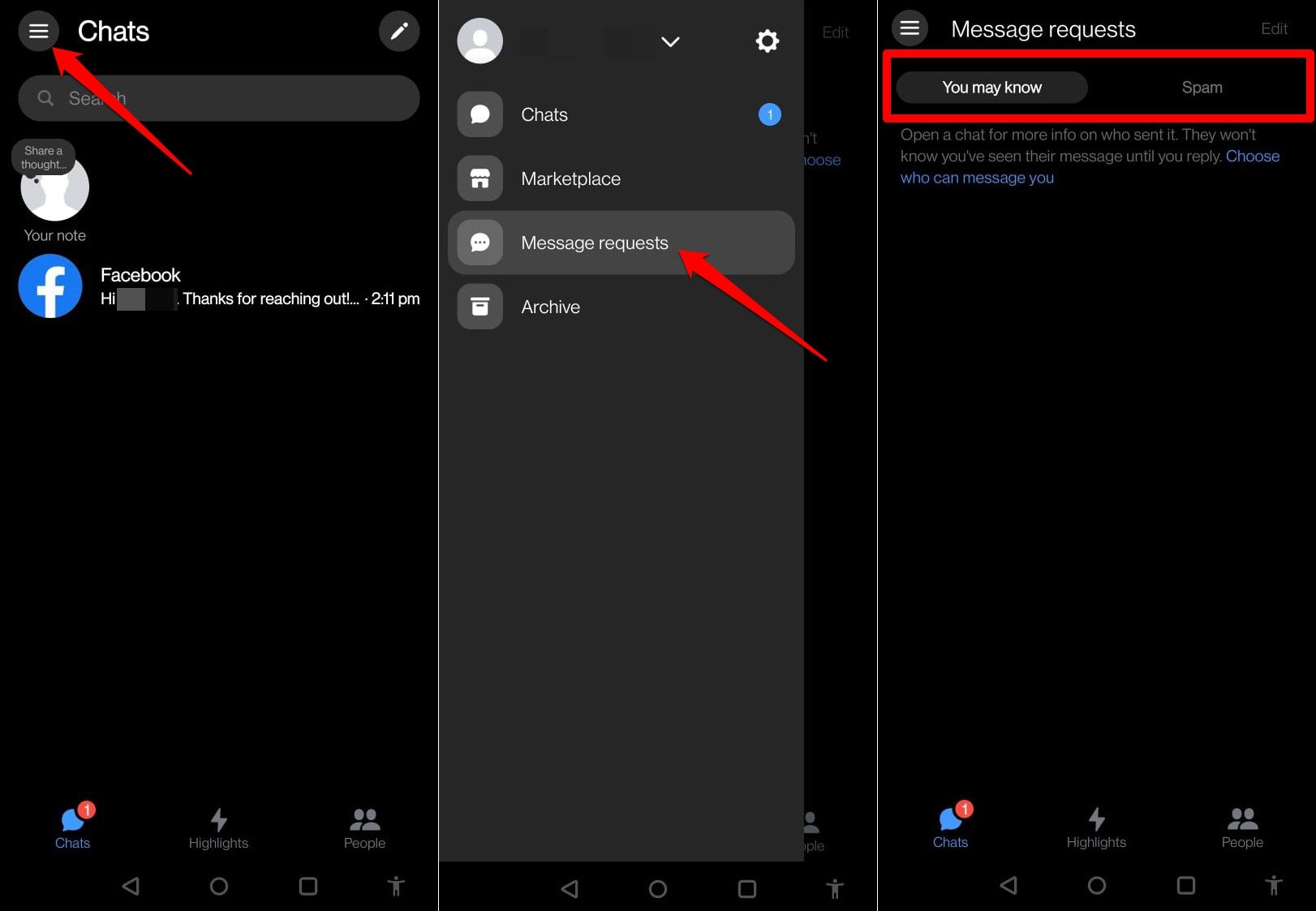 how to find unread messages in spam of Messenger Android