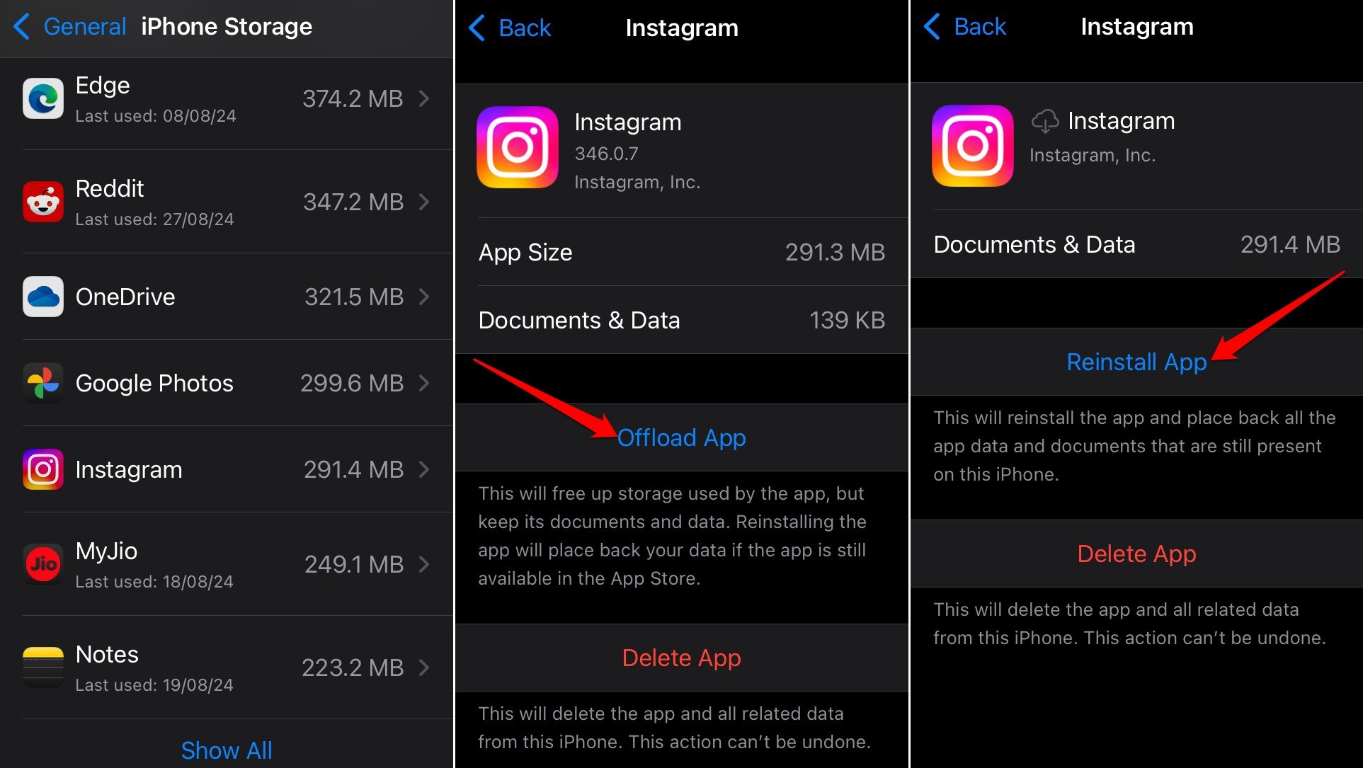 how to offload and reinstall Instagram