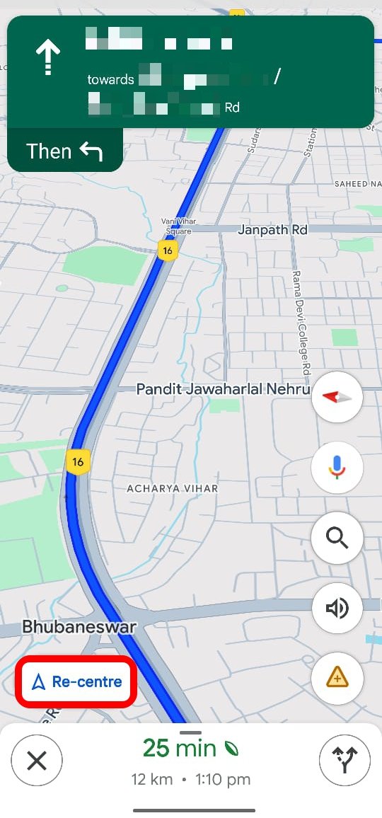 how to recentre navigation in Google Maps