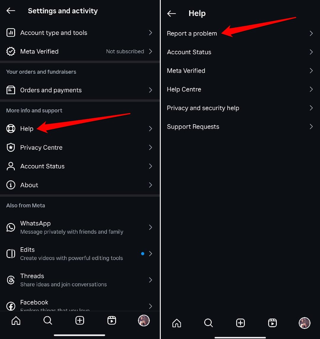 how to report a technical issue in Instagram