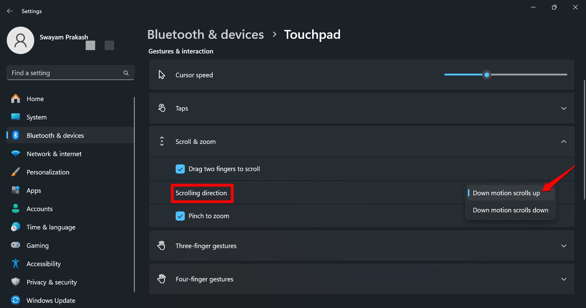 how to reverse trackpad scrolling direction on Windows 11