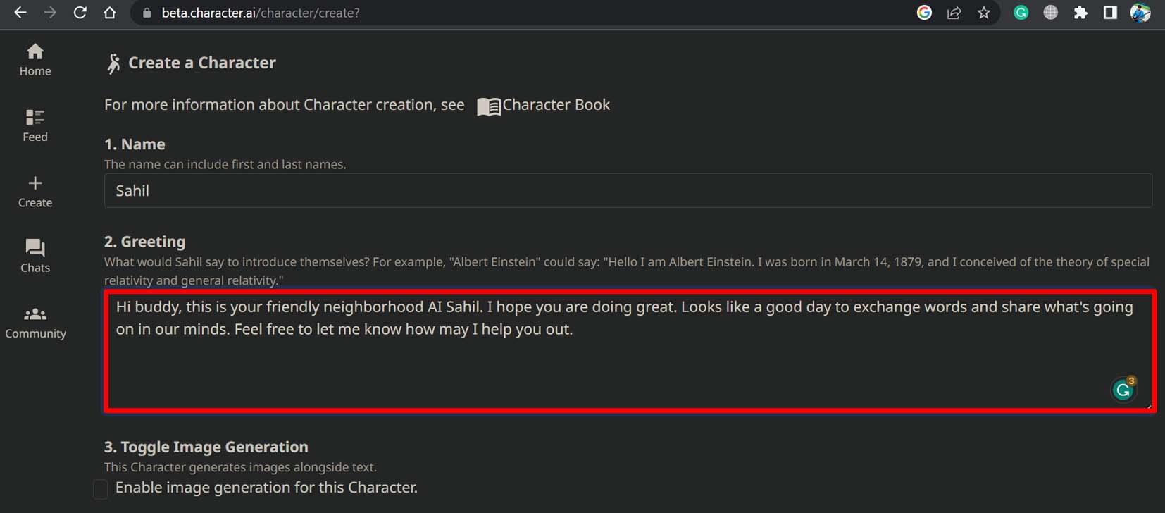 how to set Character Ai bot greeting message