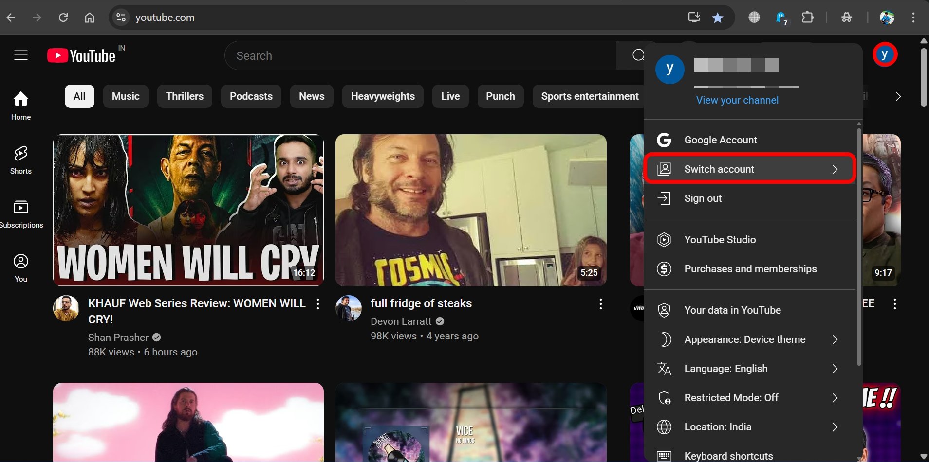 how to switch to alternate account in YouTube