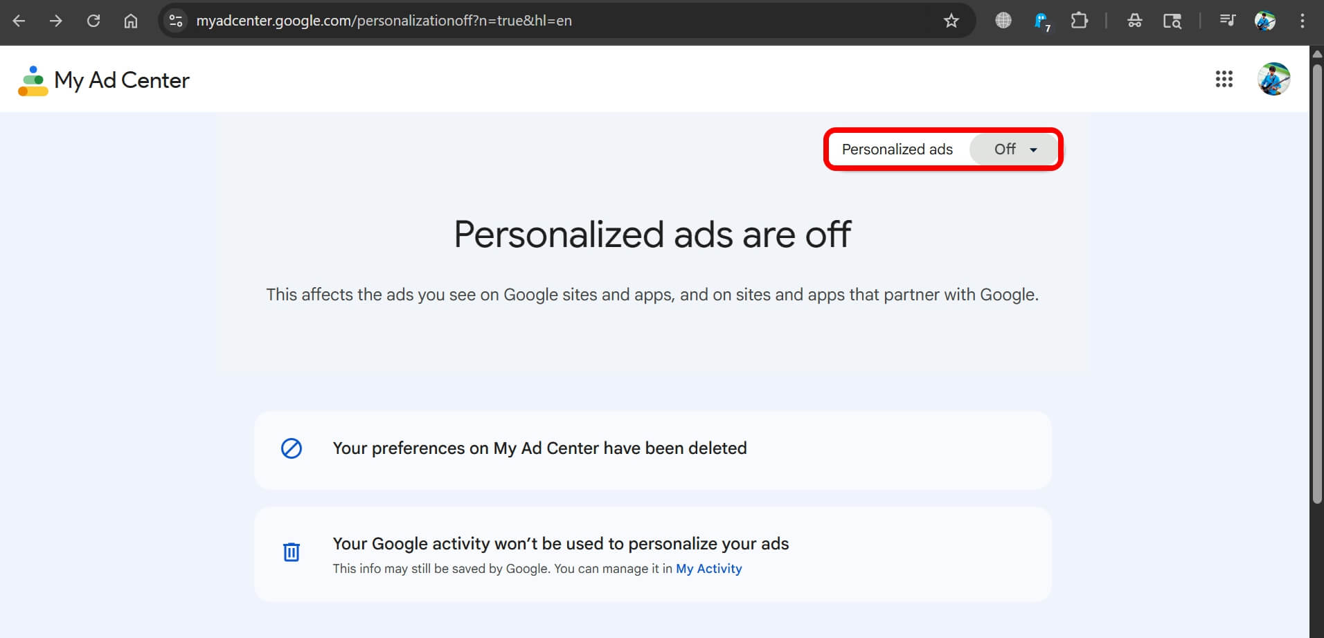 how to turn off personalized ads on Google account