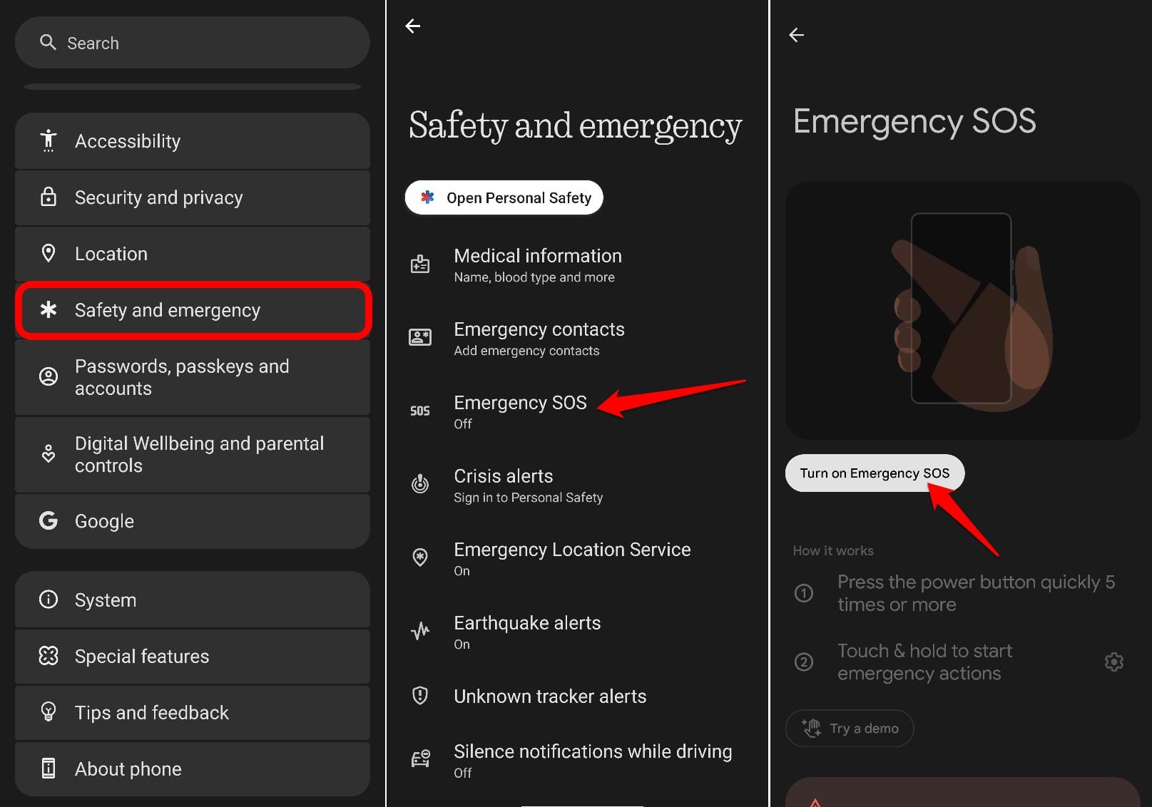 how to turn on emergency SOS on Android
