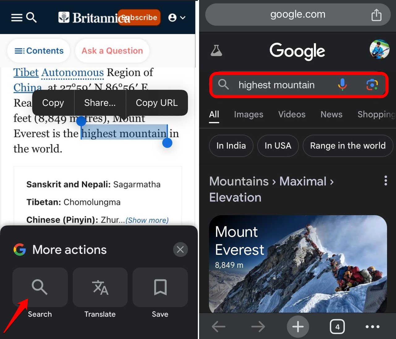 how to use Google chrome contextual search on iPhone